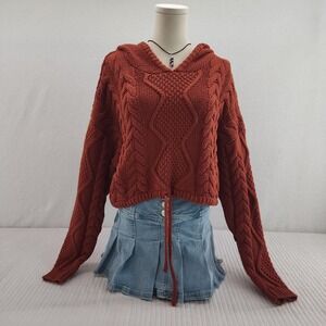 Aeropostale Womens Hooded Cable Knit‎ Pullover Cropped Sweater Orange Large